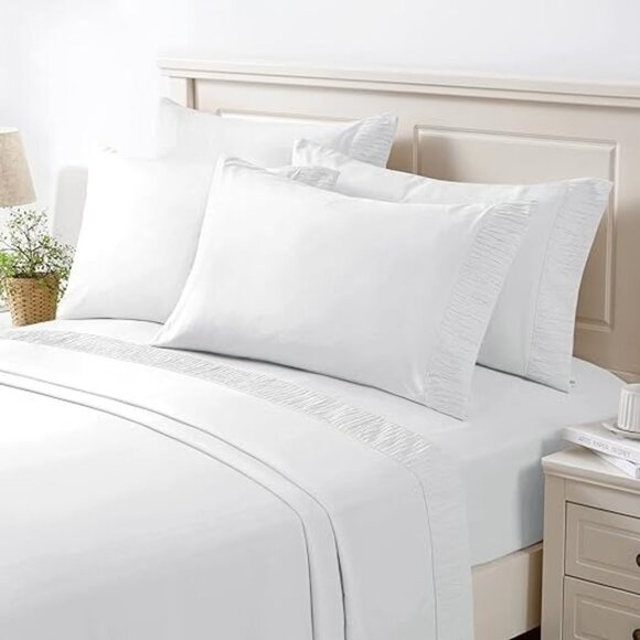 BYSURE Hotel Bed Sheets Set with 4 PCS Ruched-Hem Pillowcases(Full, Embossed Whi - Picture 1 of 7